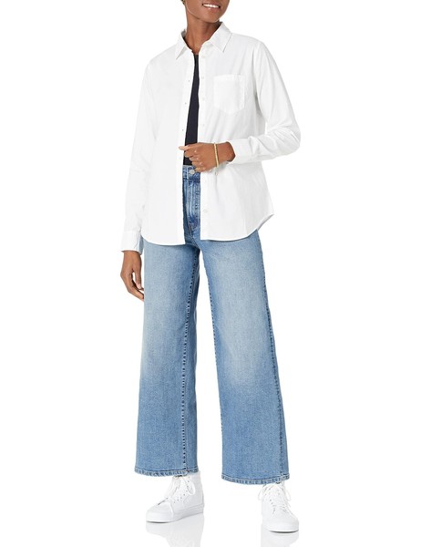 Damen Regular-Fit Langarm Popeline Hemd Weiß S Amazon Essentials-image