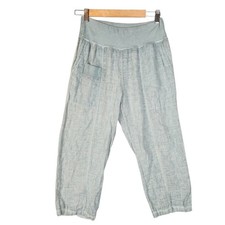 Inizio Italy Magic Linen Pants Women's Large Blue Cropped Pull-on Lagenlook