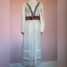 White Boho Hippie Maxi Dress Kaftan Cotton gauze Indian Embroidery Small uK8 70s