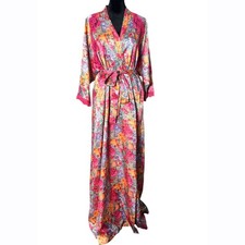 Vintage Vanity Fair Floral Satin Robe Kimono Maxi Pink Lace Trim Belted Gown