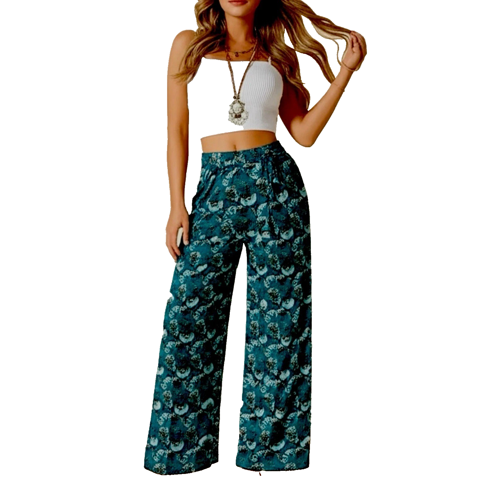 BAND OF THE FREE Elise Teal Floral Boho High Waist Wide Leg Pants Size M New