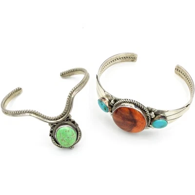 Signed Southwest Sterling Green Turquoise Spiny Oyster Cuff Lot of 2 #S5548-4 - Image 1 of 4