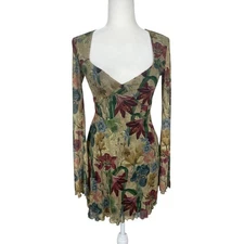 Pretty Little Thing Floral Mesh Mini Shift Dress Neutral Sz 4 Whimsy Fairy Y2K