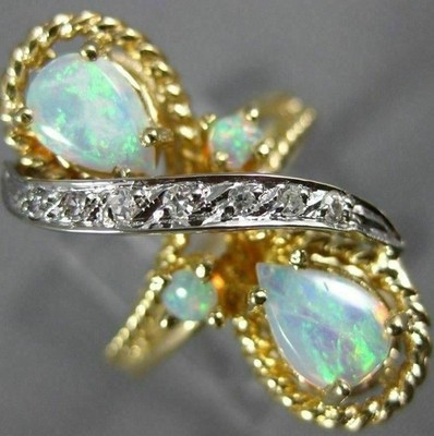 ANTIQUE LARGE .07CT OLD MINE DIAMOND & AAA OPAL 14K GOLD 3D INFINITY RING #26556