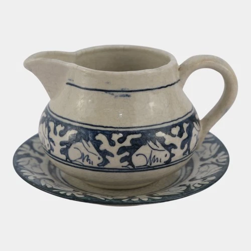 Dedham Pottery 1896-1928 Arts And Crafts Blue Rabbit Ceramic Creamer and Plate