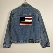 Vtg Ralph Lauren Polo Jeans Co Denim Jacket American Flag Patch Womens Sz L USA