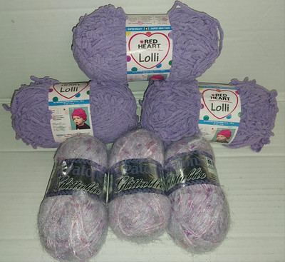 Lot 6 Purple Novelty skeins yarn 3 Red Heart Lolli grape +3 Patons Glittallic