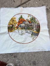 Vtg "Fall Mill Pond" Crewel Embroidery, Completed from Sunset Designs Kit 2473
