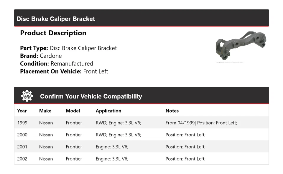 Soporte de pinza de freno de disco delantero izquierdo cardone para Nissan Frontier 1999-2002 3,3 L Foto 2 de 4