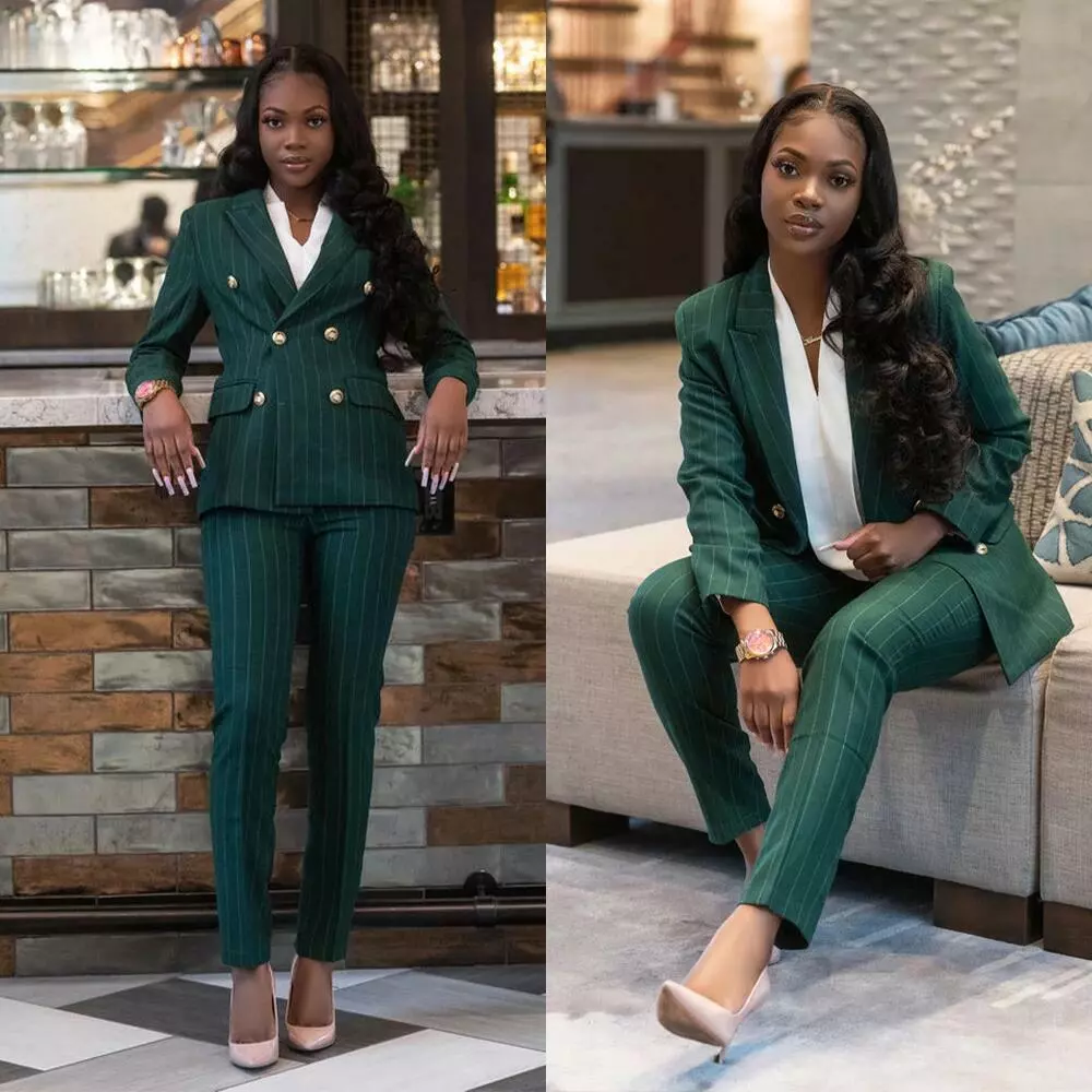 Green Striped Women's Suits Office Work Wear Ladies 2 Pieces