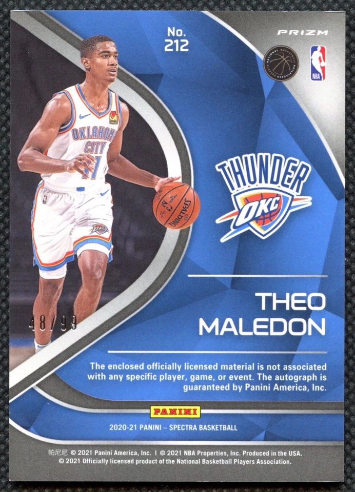 2020-21 Panini Spectra Theo Maledon Rookie 48/99 Patch Auto RPA - Image 2 of 2