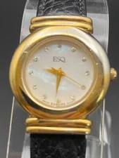 ESQ Esquire Watch Women 26mm Gold Tone MOP Dial Green Leather Band New Battery
