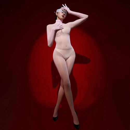 Rückenreißverschluss nahtlos Bodystocking Body transparent ölig glänzend Overall mit Handschuhen - Bild 42 von 69