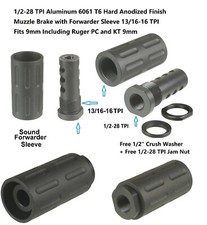 1/2x28 TPI Hard Type III Anodized Al Muzzle Brake  Forwarder 13/16-16 TPI F 9MM