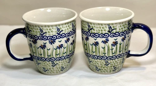 Set of 2 New Boleslawiec Polish Pottery Floral Coffee / Tea Mugs - 4" Tall