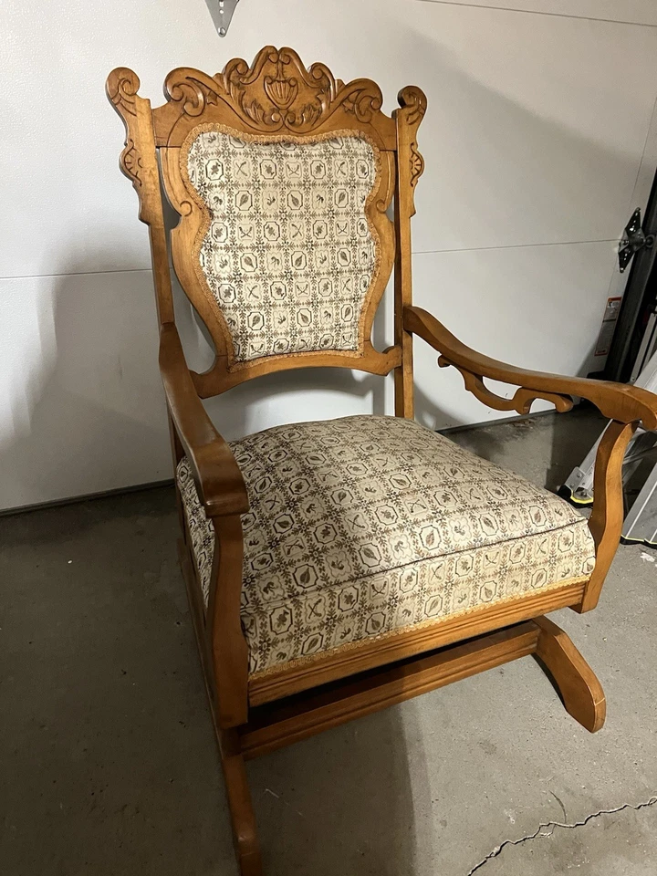 Antique Wooden Rocking Chair - Upholstered Vintage Accent Seating FAST SHIPPING - Image 2 of 4