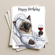 Birthday card spa day Siamese cat blank greeting card, note or gift card