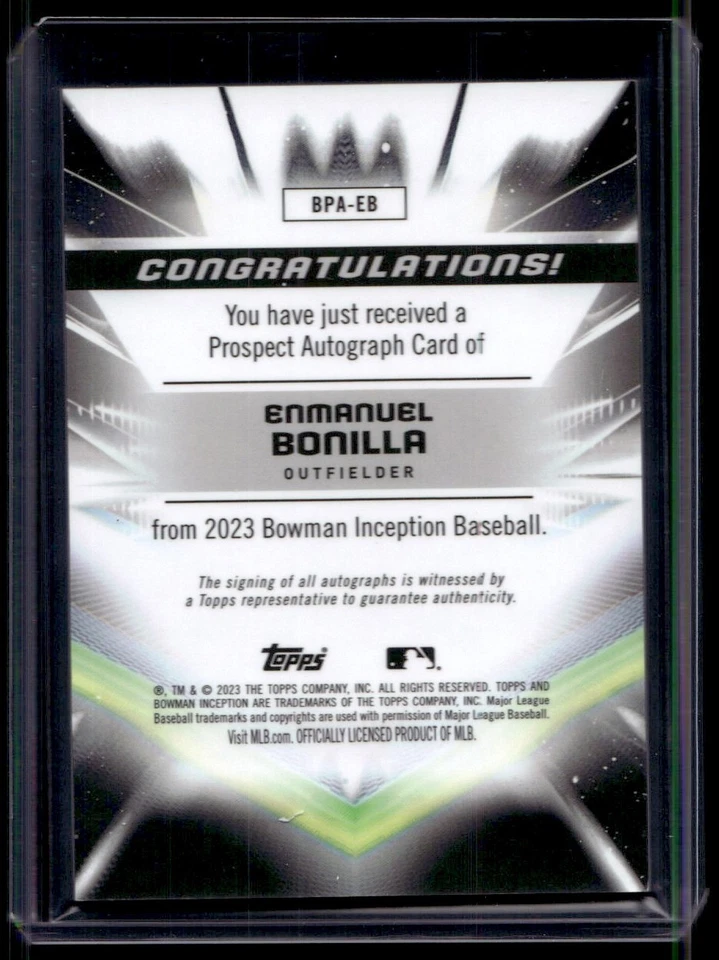 2023 Bowman Inception Prospect Auto Enmanuel Bonilla Auto 37/50 Toronto Blue - Image 2 of 2