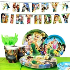 Tinker Bell Party Decorations Tableware,113Pcs Tinker Bell Birthday Tablecloth