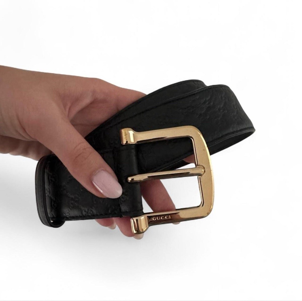 GUCCI Black Belt GG Pattern Micro Shima Leather 281548 Gold