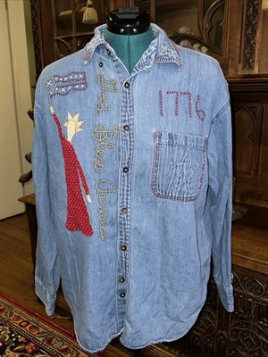 Hand Embroidered Patriotic God Bless USA Embellished Denim Shirt OOAK