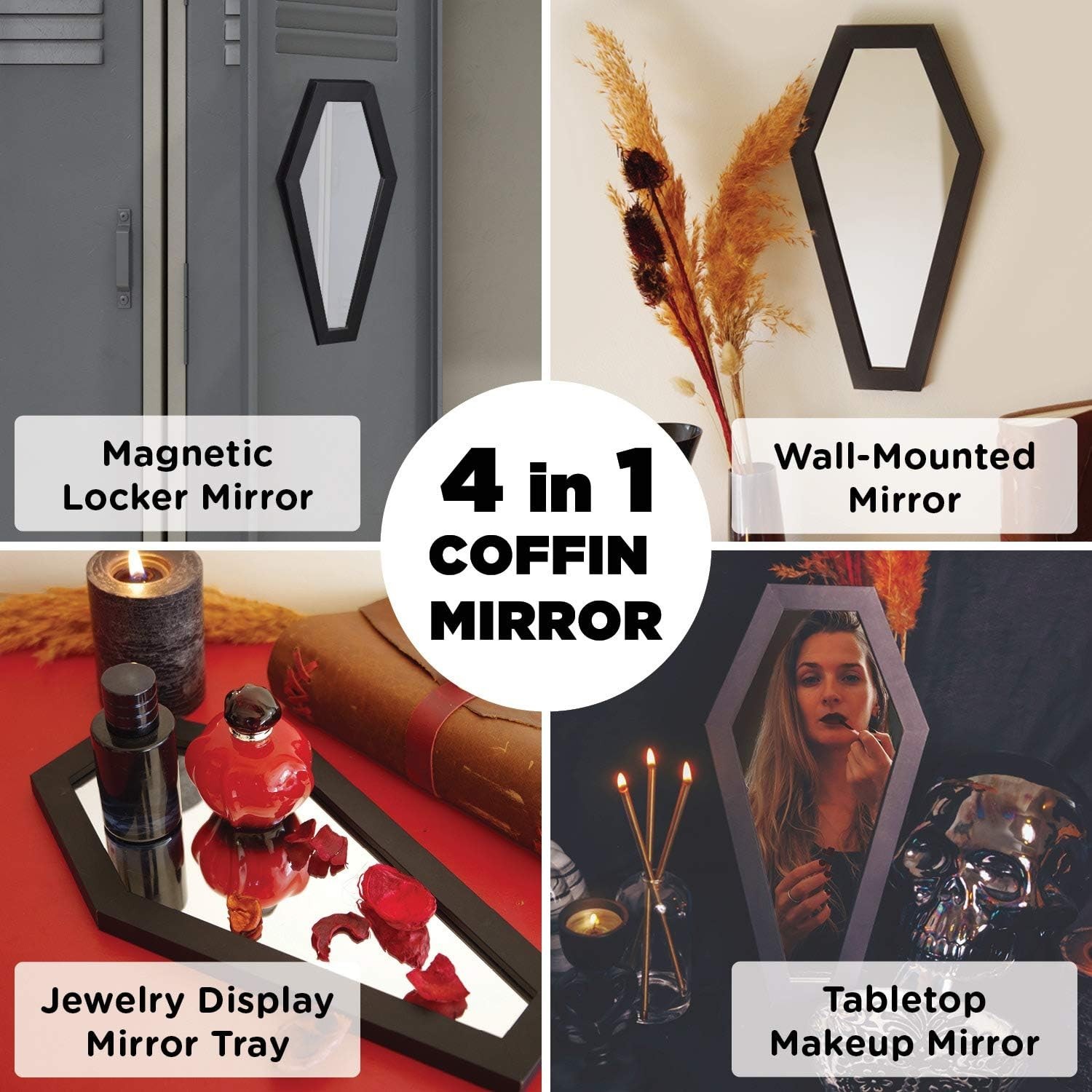 Gothic Decor Coffin Mirror - Wall Mounted, Tabletop, Home Mirror, All Rooms, BLK