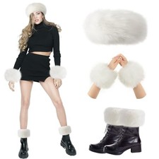 3 Pieces Faux Fur Headband Set Earmuff Hat Fuzzy Short Wrist Warmers White