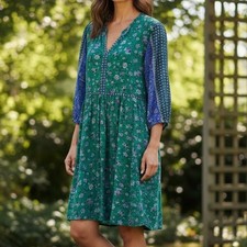 J. Jill Above Knee Floral Tunic Mini Dress Large Blue Green Feminine Loose Fit