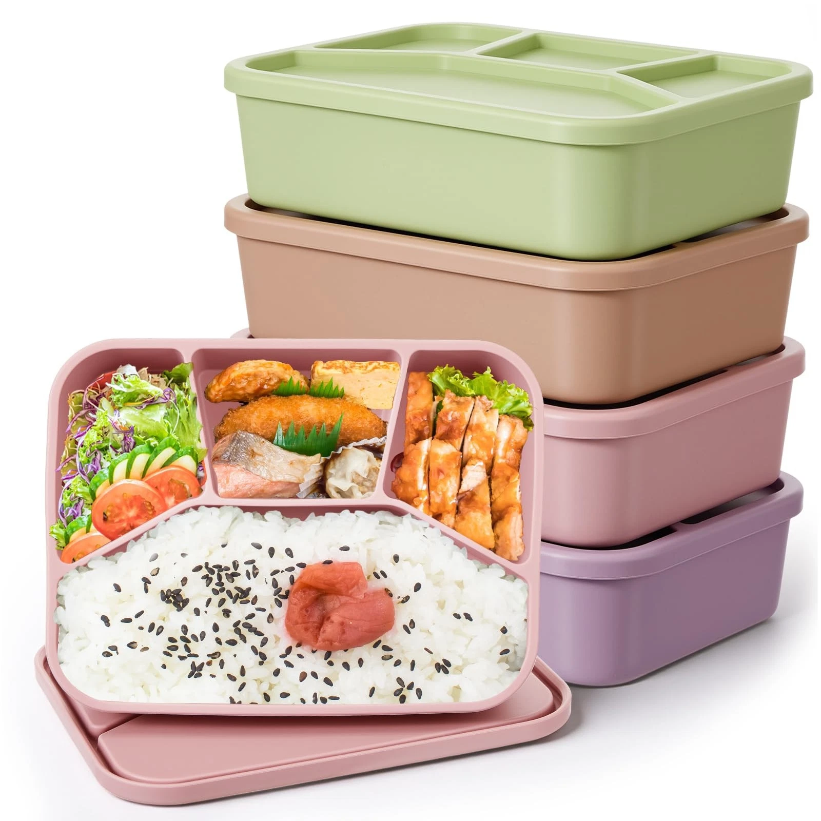 Ziliny 4 Pcs Silicone Bento Box Reusable Lunch Container Smooth Leak Proof Lunch