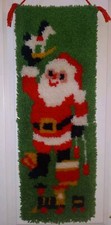 Vintage Christmas Santa Claus Toys Latch Hook Rug Wall Hanging Art Completed