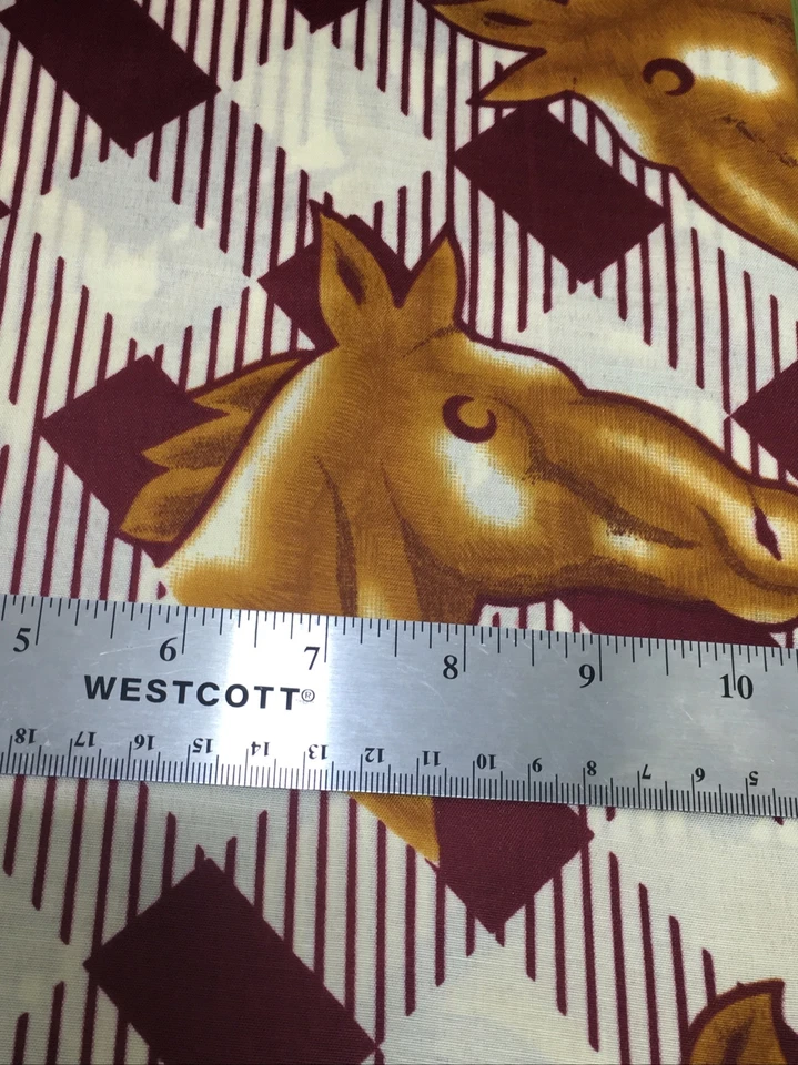 Vintage Golden Horse Head on Beige and Maroon Checkered Background Fabric 3/4 Yd - Image 3 of 4