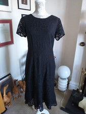 BNWT Jacqui E Dress UK 10 Navy Blue Midi Length Lined Half Sleeve Lace Pattern
