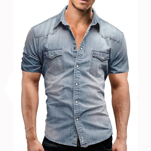 Men Denim Shirts Short Sleeve Soft 