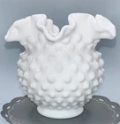 VTG Fenton Milk Glass Hobnail Bowl Rose Vase Ruffled Edge 4" tall