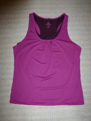 prAna women's berry/burgundy striped print stretch two-layer tank top Sz M
