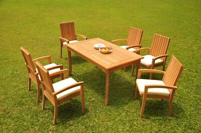7-Piece Outdoor Teak Dining Set: 71  Rectangle Table, 6 Stacking Arm Chairs Goa