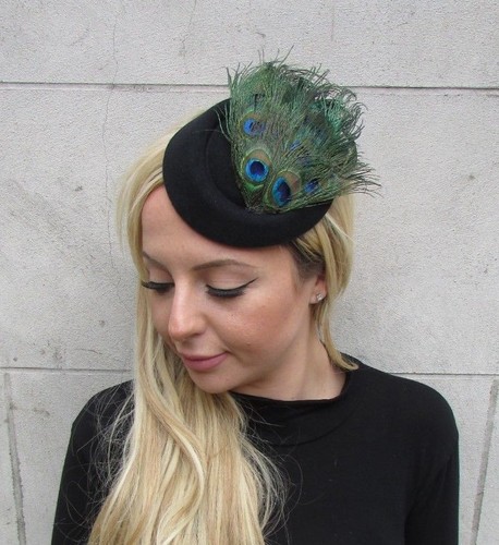 Black Green Peacock Feather Pillbox Hat 