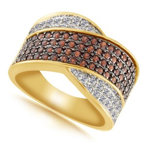 Authentic 1.87 Ct Round Cut Red Garnet & White Topaz 14k Gold Plated Crossover Ring