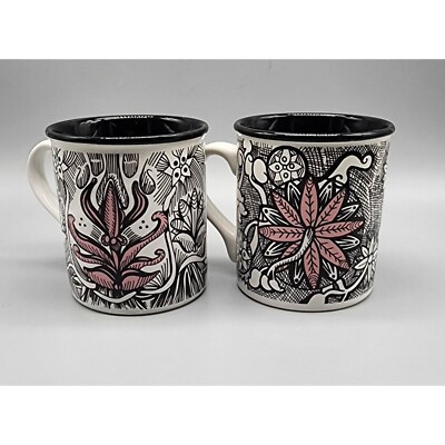 Sic Kay 1997 The Other Mugs Pink & Black Floral Artisan Ceramic Mugs Set of 2
