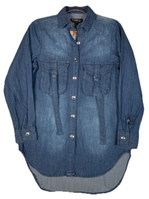 Thrill Women s Jean Shirt Medium Button Up Collared Blue Denim Tassles NWT