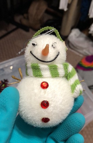 Prickly Snowman with a Striped Scarf and Res Buttons Christmas Ornament -Eggnog2 - Picture 2 of 6