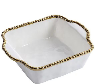 Square Baking Pan Dish 2657 Golden Salerno White Gold Bead Trim Ceramic 10'' L