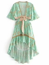 Bohemian Sage Floral High-Low Tie-Waist Boho Festival Dress L
