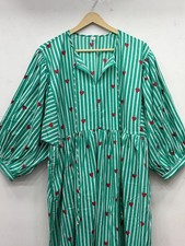 Women's Green Striped Heart Print Cotton Boho Midi Dress Puff Sleeve Tunic