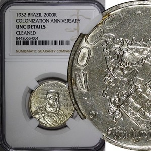BRAZIL Silver 1932 2000 Reis NGC UNC DET.400th Annivers.of Colonization KM532(4)