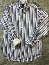 TailorByrd Blue Orange Stripe 100 Cotton Long Sleeve Button Down Shirt Sz M