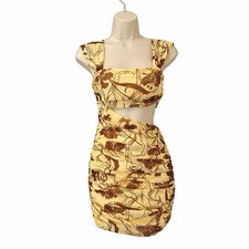 ZARA Yellow Brown Floral Cut Out Ruched Bodycon Mini Dress S Stretch NWT