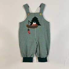 Vintage Gingham Overalls 3-6M Green Cotton Fishing Bear Embroidered USA Made