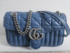 Gucci GG Marmont Blue Leather Shoulder Bag Silver Hardware New