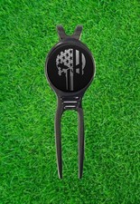 The Punisher USA Flag Marvel Golf Ball Marker  Black Gunmetal Divot Tool Laser